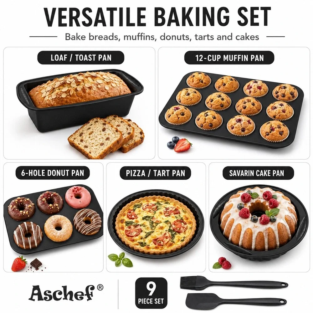 Aschef 9 Piece Silicone Bakeware Set Nonstick BPA Free Cake Muffin Donut Pans